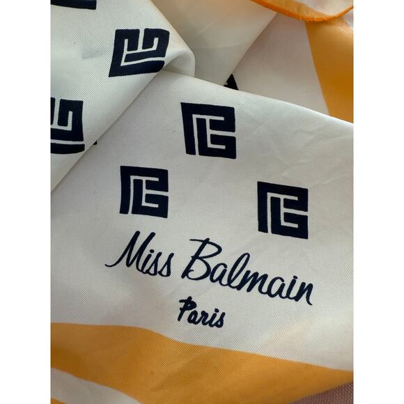 Vintage Miss Balmain Paris Large Silk Scarf Apricot Navy Blue - Picture 4 of 8
